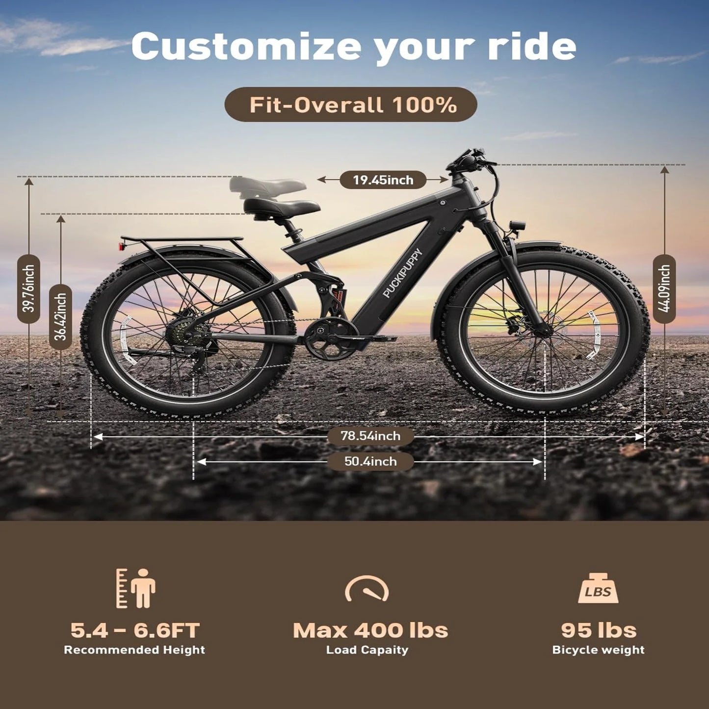 PUCKIPUPPY Mountain Electric Bike 1350W, 48V 30AH Dual Battery Ebike 130 Miles Long Range Full Suspension E bike 26" Fat Tire