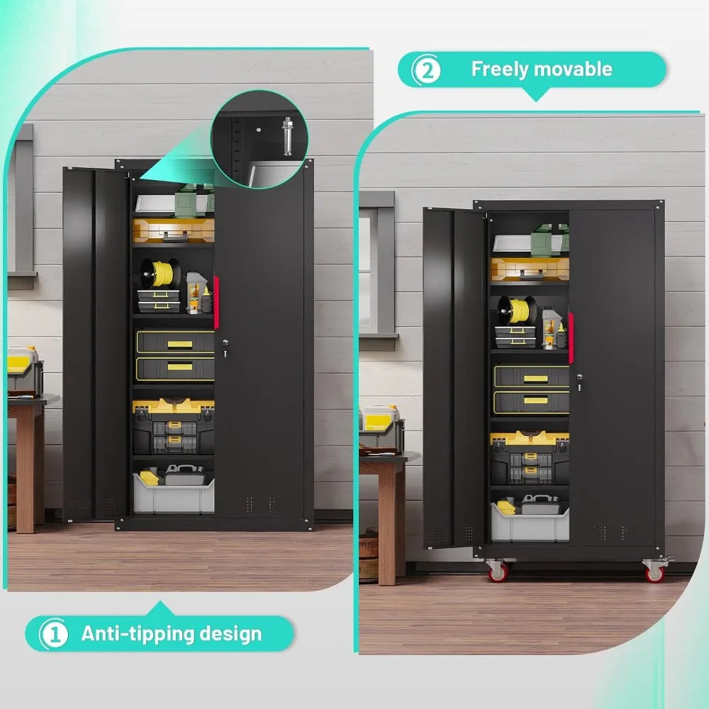 Metal Garage Cabinets with Wheels Steel Lockable Garage Storage Cabinet with Adjustable Shelves, Heavy-Duty Tool Storage Cabinet
