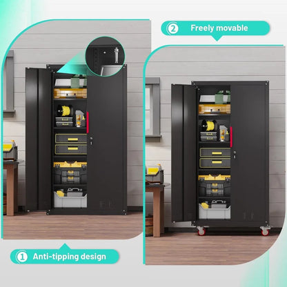 Metal Garage Cabinets with Wheels Steel Lockable Garage Storage Cabinet with Adjustable Shelves, Heavy-Duty Tool Storage Cabinet