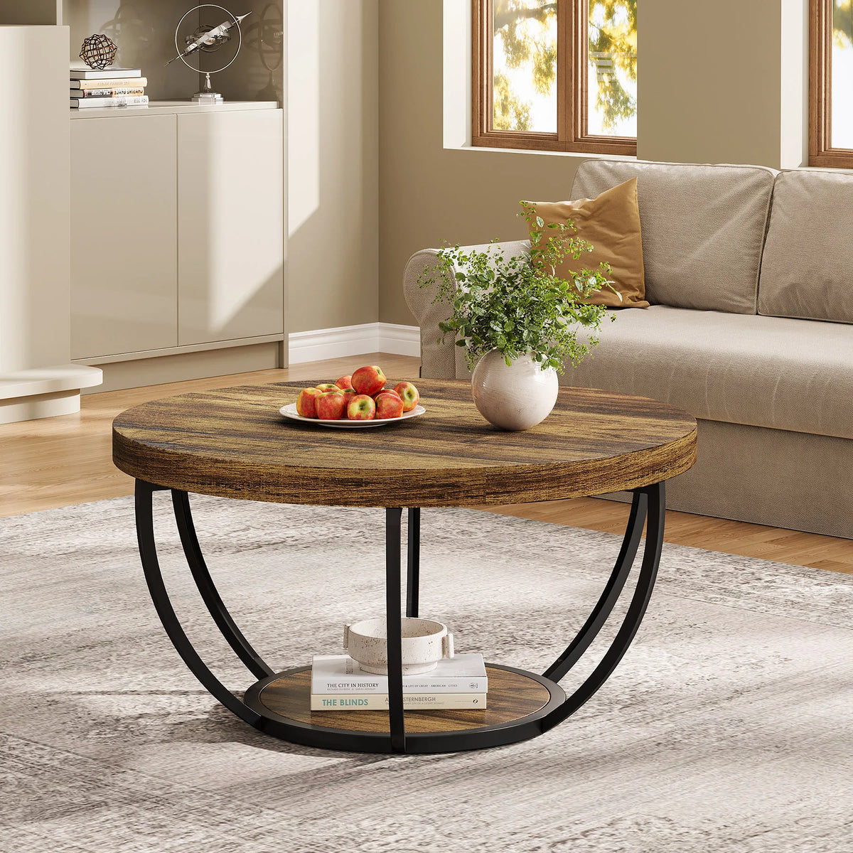Tribesigns 31.7" Round Coffee Table, Industrial 2-Tier Circle Coffee Table with Storage Shelves, Modern Wooden Sofa Side Table