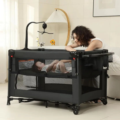 All-in-One Portable Playard, Bedside Bassinet Sleeper, Changing Table Playpen for Newborns to Toddlers (Black)