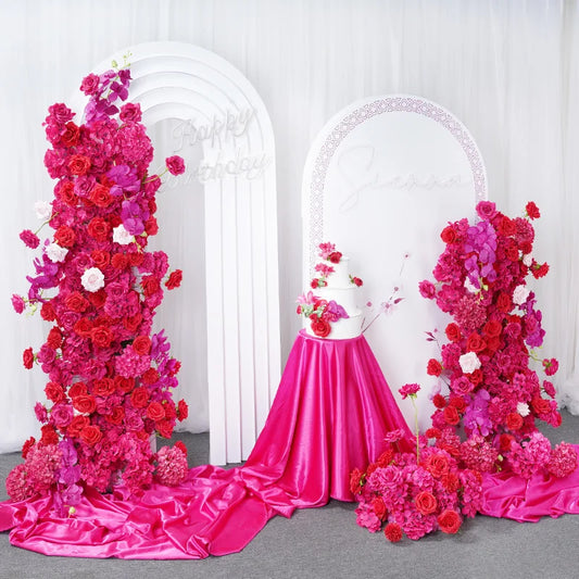 Angela Flower A7645 Wedding Backdrop KT Board Decor Hot Pink Rose Hydrangea Orchid Floral Arrangement Stage Floor Flower Row