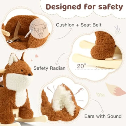 Baby Rocking Horse, Brownish Red Fox Rocking Horse with Seat Belt, Plush Animal Rocker for Kids, Stuffed Rocker Toy for Children
