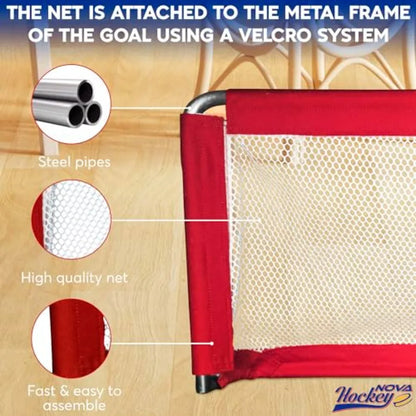 Nova Hockey Complete Set Table/Floor Hockey Game Goalie Net with 1 Puck and 2 Sticks in White for Indoor Outdoor Use