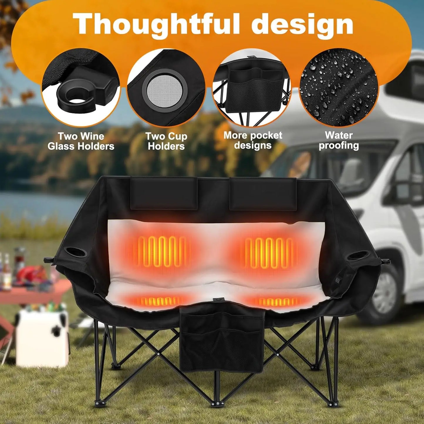 Heated Folding Camping Chair, 3 Heat Levels, Dual Switches, Supports 550 lbs