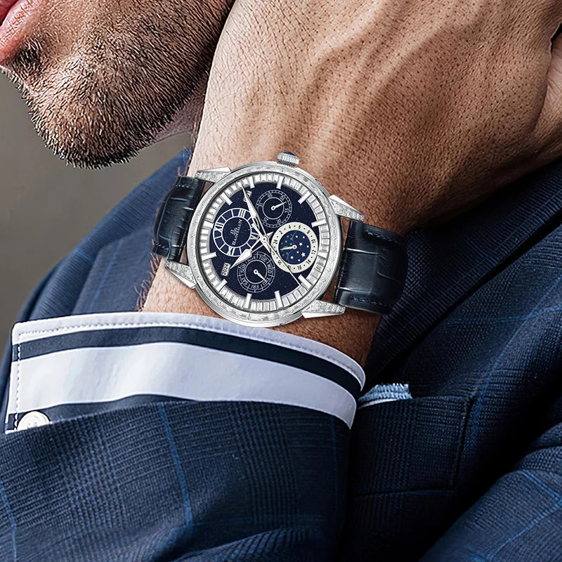 BAOFEILUN Luxury Diamond-Set Automatic Watch Moon Phase Full Calendar 5ATM Leather Strap Sapphire 42mm Men's Starry Sky Watches