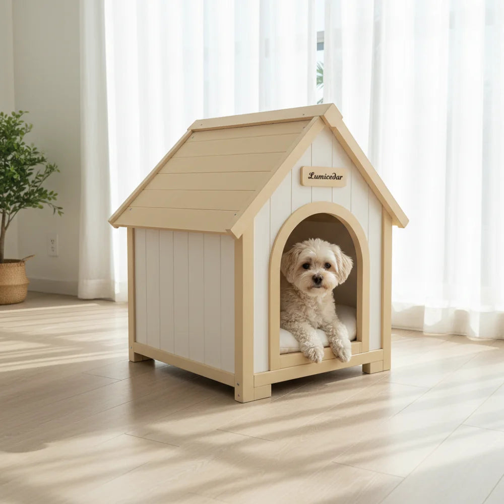 Modern Indoor Wooden Dog House with EVA Cushion – Solid Cedar Pet House for Small Dogs & Cats, Ventilated Design, Elevated Base