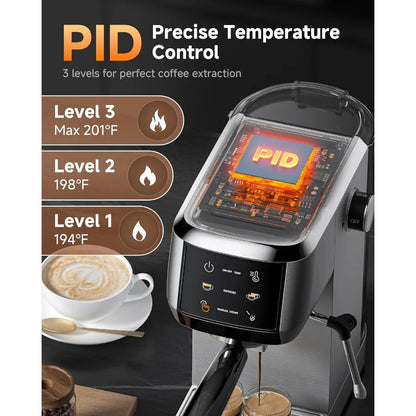Professional Espresso Machine 20 Bar with Adjustable Temperature Pressure Compact Stainless Steel Coffee Maker Featuring Builti