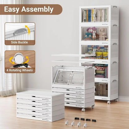 300Qt Stackable Storage Bins with Lid, Extra Large Closet Organizer Collapsible Drawer Boxes with Wheels, Folding Plastic Cabine