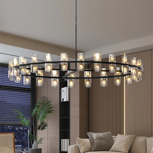 Modern 48 Inch Black Round Chandelier Light Fixture, Crystal for Dining Room, Living Room, Wagon Wheel over Table