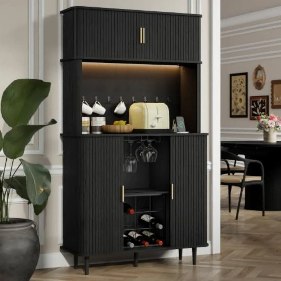 71" Tall Wine Bar Cabinet with Storage and Wine Rack, Fluted Liquor Cabinet, Modern Coffee Bar Cabinet with LED Lights and Powe