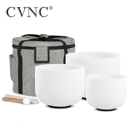 CVNC Set of 3 PCS 440HZ 6" A Note 8" F Note and 10" C Note Frosted Chakra Quartz Crystal Singing Bowl with Carry Case