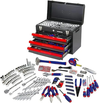Complete 408-Piece Home Repair Tool Set with 3-Drawer Metal Storage Box and Essential Hand Tools
