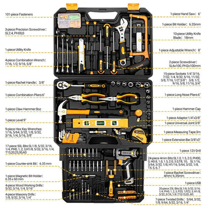 Kit Box Drill Set Home Mechanic Toolbox with 12V Power Cordless Drill Hand Repair Tools Sets Combo Kits Storage Organizer Drawer
