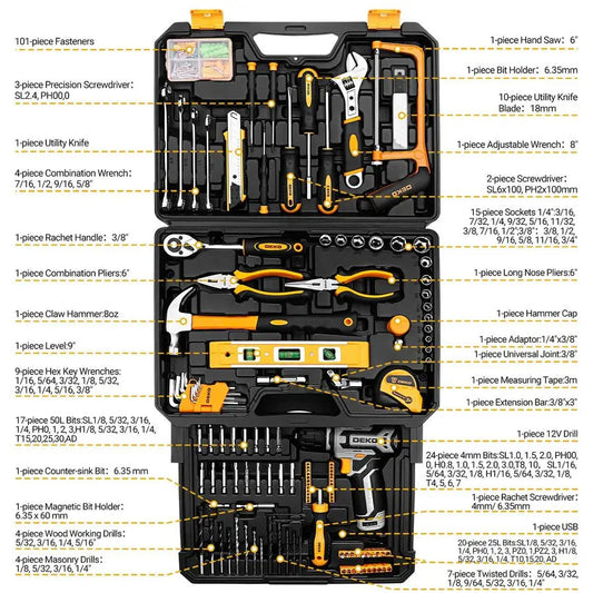 Kit Box Drill Set Home Mechanic Toolbox with 12V Power Cordless Drill Hand Repair Tools Sets Combo Kits Storage Organizer Drawer