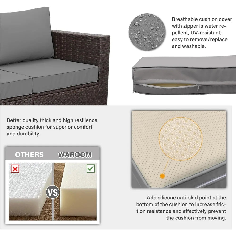 Patio Furniture Set, 5-Piece Outdoor Wicker Sectional Sofa with Loveseat, Brown Rattan, Conversation Area, Storage Included