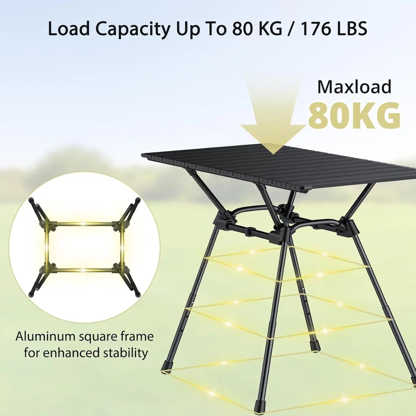 3ft Foldable Aluminum Camping Table, 4 Height Settings, Waterproof, Black, 35' x 16', with Carrying Bag