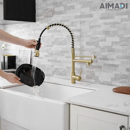 Brushed Gold Kitchen Faucet with Pull Down Sprayer, Commercial Gold Kitchen Sink Faucet Single Handle Spring Two Nozzles Faucets