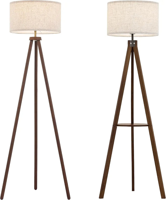 Wood Tripod Floor Lamp with 3 Color Temperatures, Beige Linen Shade & Shelf – LED Included for Living Room, Bedroom, Office