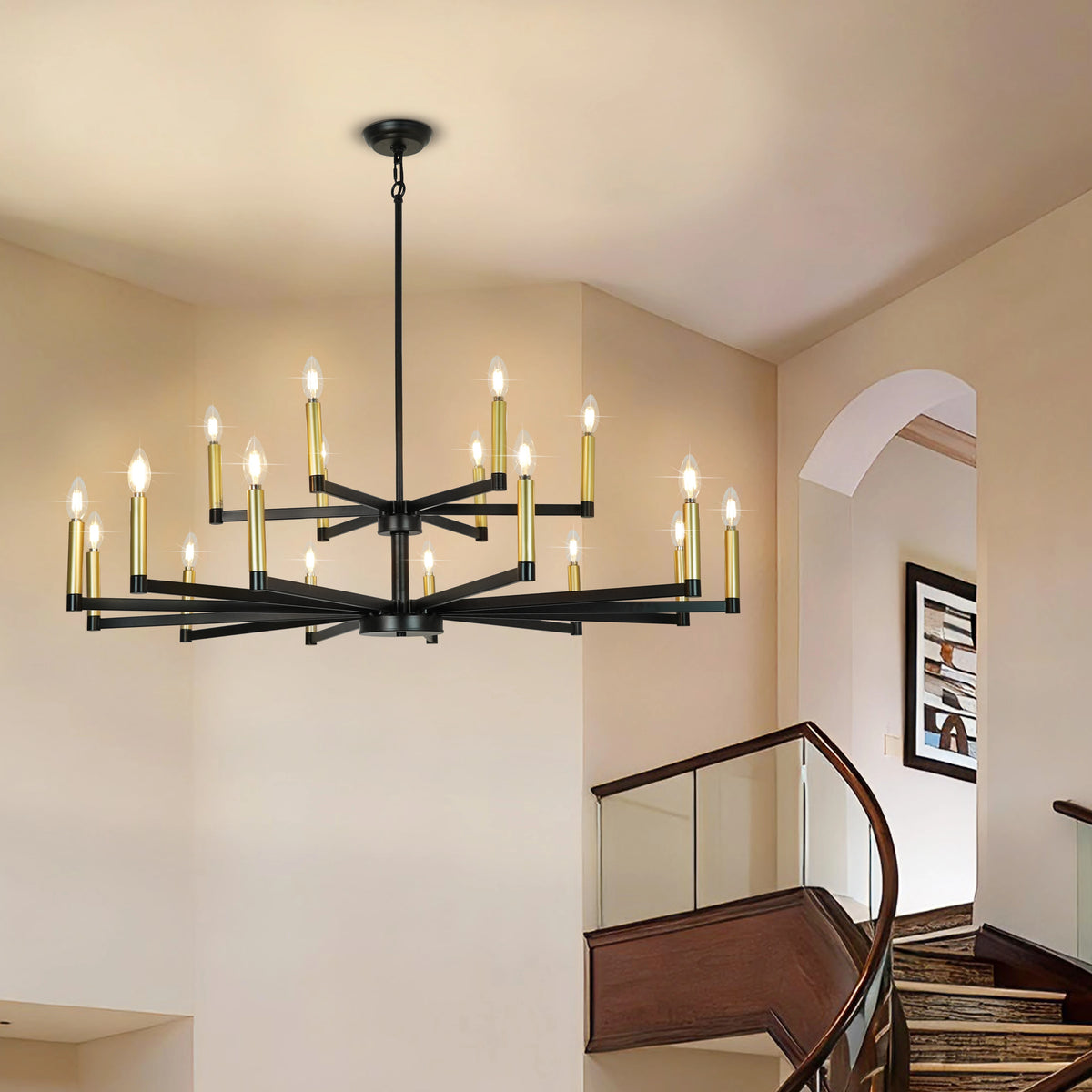 Candle Chandeliers for Dining Room 2-Tiered 18 Light Black and Gold Chandelier Farmhouse Chandelier Height Adjustable
