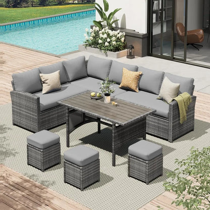 Patio Furniture Set, 7 Pieces Outdoor Patio Furniture with Dining Table&Chair, All Weather Wicker Conversation Set with Ottoman
