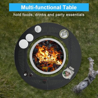 40 Round Outdoor Fire Pit Tabletop with Waterproof Cover for Wood-Burning Stoves Powder-Coated Steel Black Durable and Portable