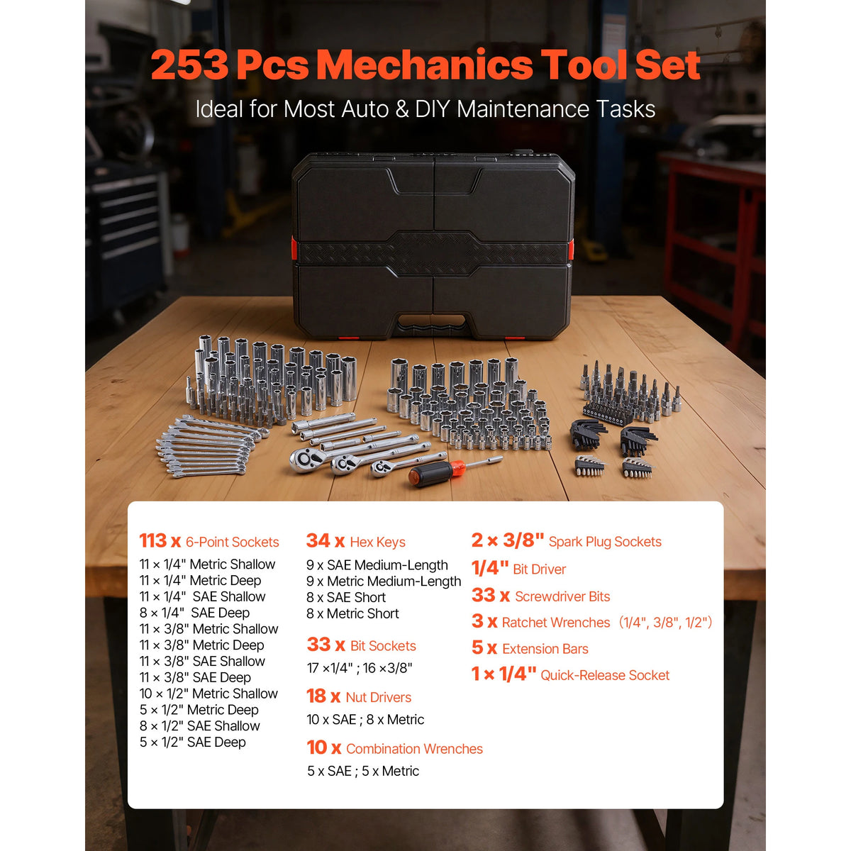 Mechanics Tool Set, 253-Piece Mechanic Tool Kit, 1/4 in, 3/8 in, and 1/2 in Drive, SAE and Metric Socket Set, Wrenches, Screwdriver Bits, Accessories, and Storage Case, Designed for Automotive Repair