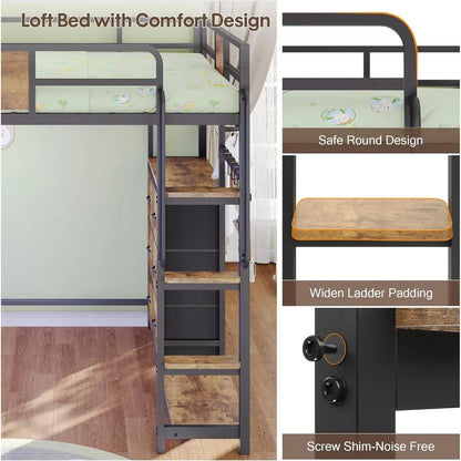 Loft Bed with Desk Full Size,Full Size Bed Frame with 6 Storage Drawers, 2 Bedside Organizer,6 Movable Hooks,LED Lights & Chargi