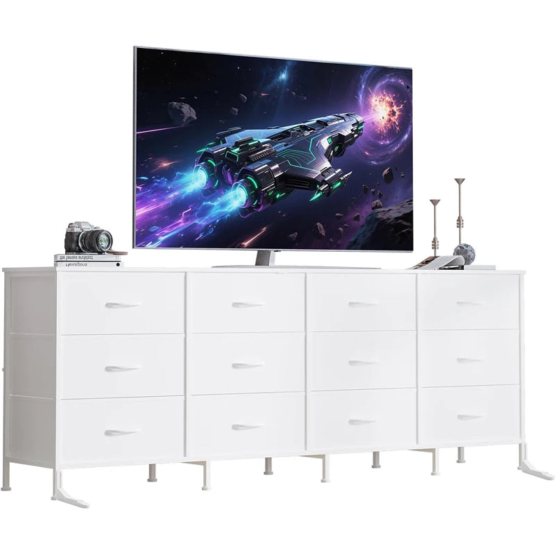 12 Drawer Dresser for Bedroom, 70” Long TV Stand for 65, 75, 80 Inch TV | Dresser with Charging Station, Large Entertainment Center for Living Room, Entryway