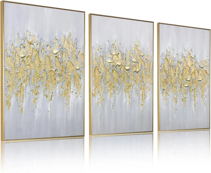 Abstract Gold Wall Art Set of 3 Hand-Painted Canvas Panels for Living Room Bedroom Modern Decor