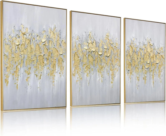 Abstract Gold Wall Art Set of 3 Hand-Painted Canvas Panels for Living Room Bedroom Modern Decor