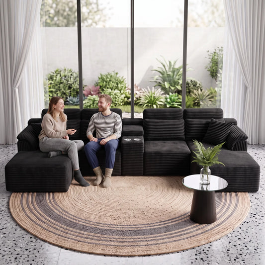 Modern Modular U-Shaped Sectional Sofa, Compressed Corduroy Couch with Storage Console & Cup Holders, Fluffy Deep Seating Living Room Furniture, Easy to Transport