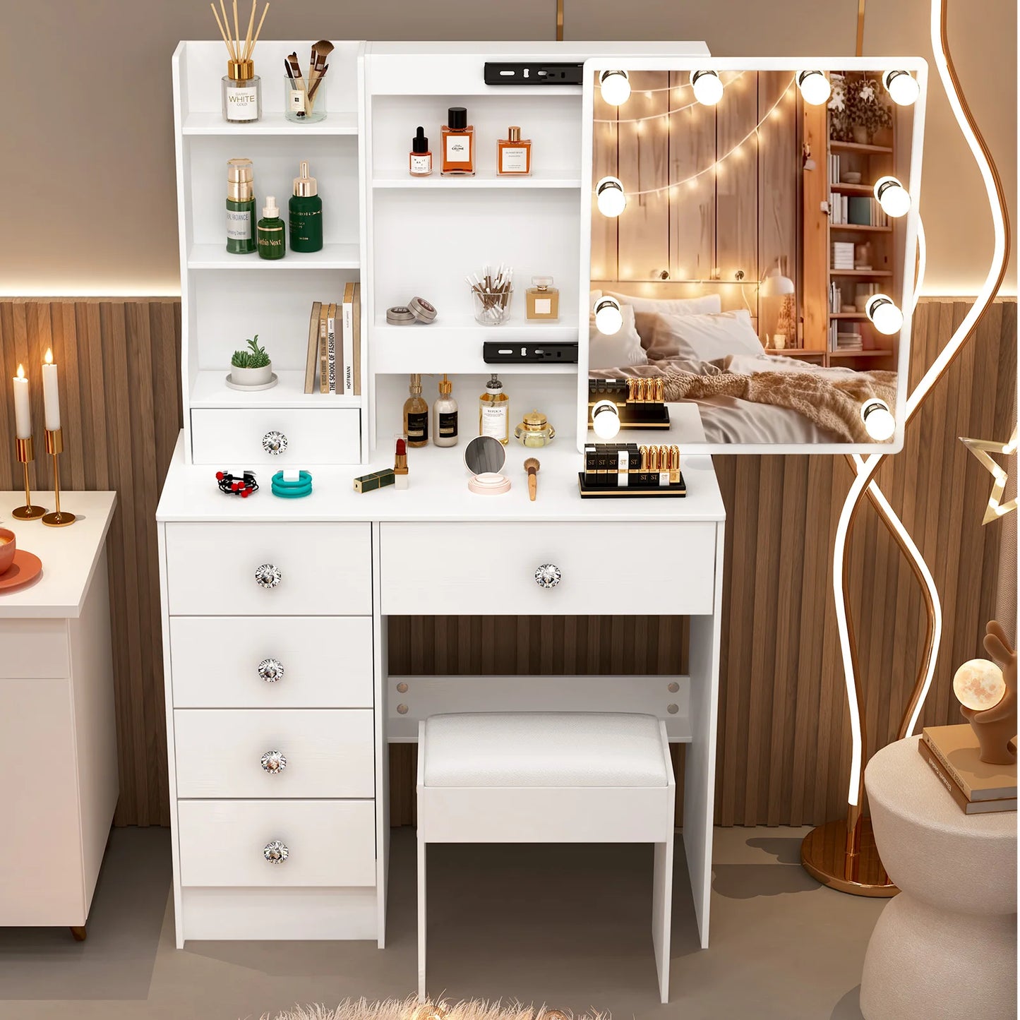 【11.11 Deals, Black Friday Deals 2025】Dressing Table Mirror Drawers Vanity Makeup Desk Stool Set With LED Lights White + Stool
