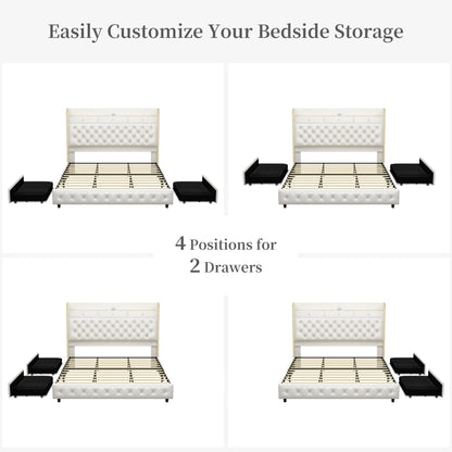 LED Bed Frame with Galaxy Star Projector, 2 Drawers, 52" PU Headboard with Charging Station, Noise Free, No Box Spring