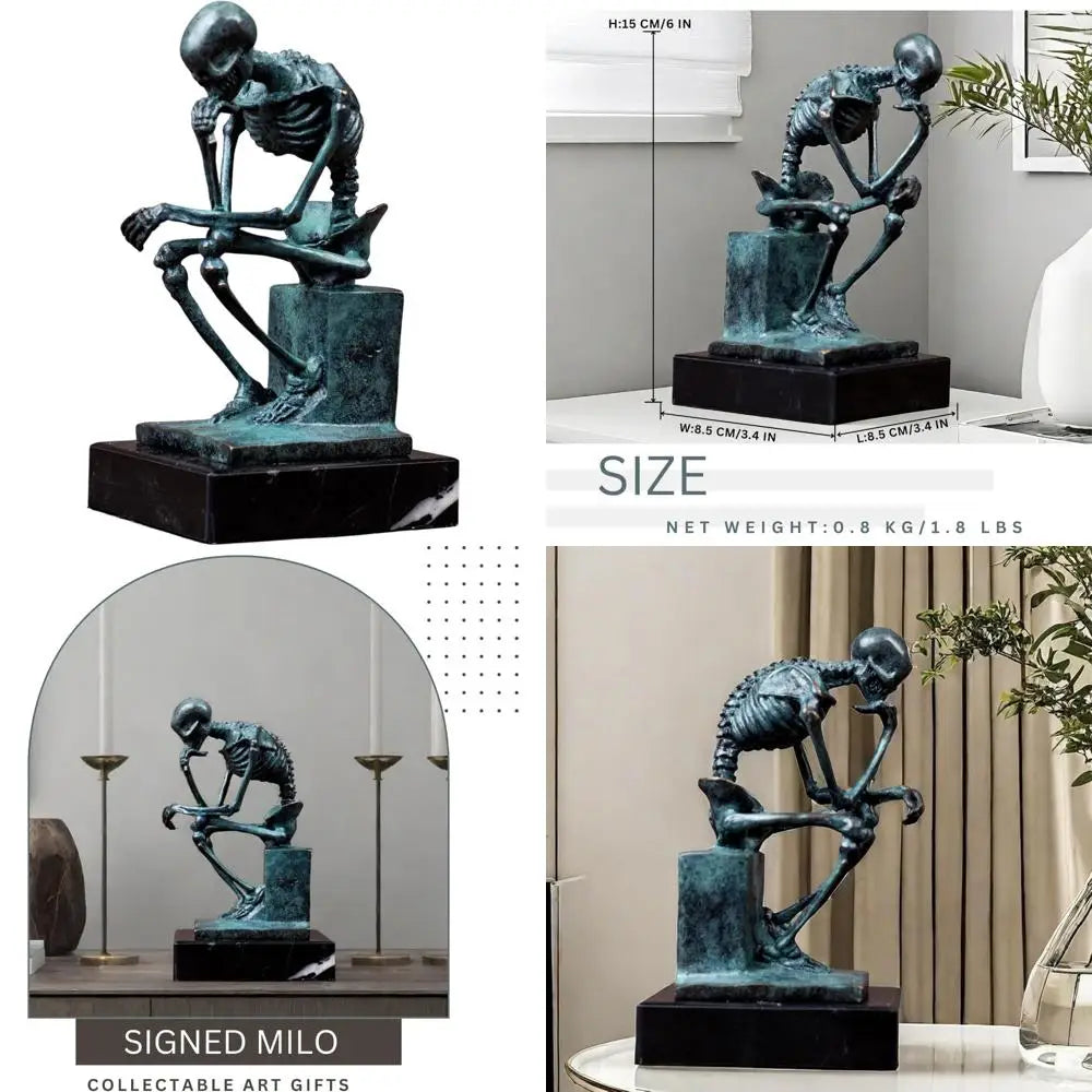 Bronze Thinker Sculpture - Abstract Rodin-Inspired Skeleton Art Statue for Home Decor and Halloween Skull Theme.