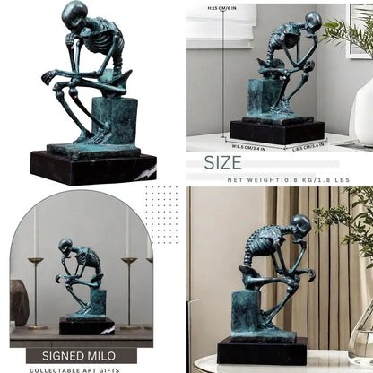 Bronze Thinker Sculpture - Abstract Rodin-Inspired Skeleton Art Statue for Home Decor and Halloween Skull Theme.