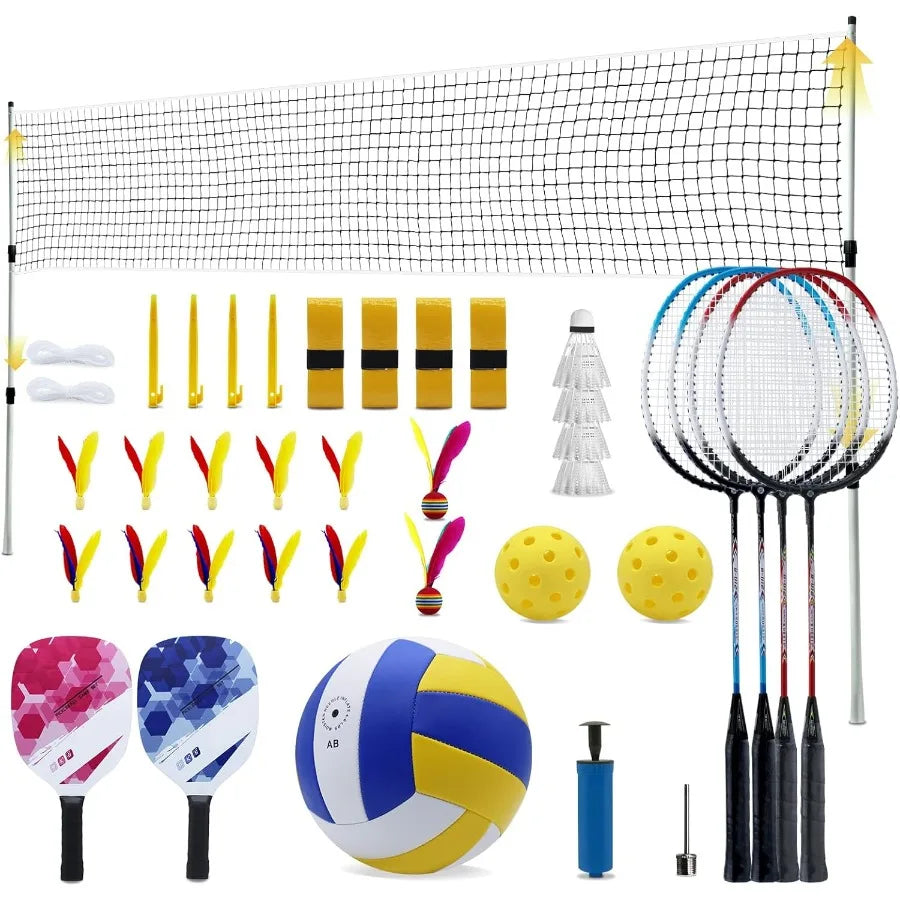 Outdoor Volleyball and Badminton Combo Set Official Size 5 Volleyballs and Badminton Rackets Set of 5 for Outdoor Backyard Game