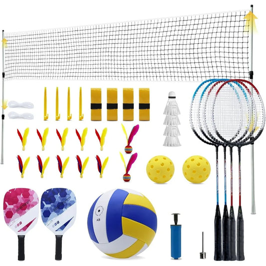 Outdoor Volleyball and Badminton Combo Set Official Size 5 Volleyballs and Badminton Rackets Set of 5 for Outdoor Backyard Game
