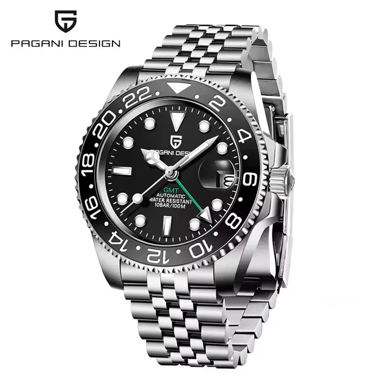 PAGANI DESIGN 40MM Black Gray Dual Tone Automatic Mechanical GMT Watch Sapphire Glass Stainless Steel Sports Luminous Watches for Men