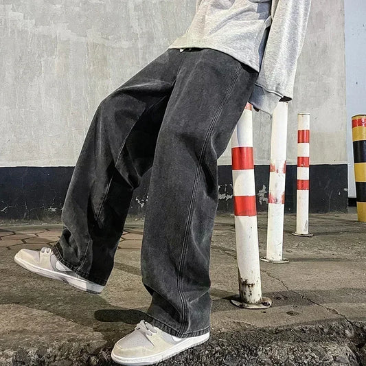 Fashion Men's Solid Color Drape Jeans Loose Straight Korean Vintage High Street Hip-hop Y2K Casual Daily Dragging Wide-leg Pants