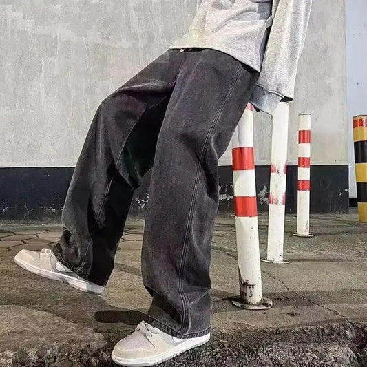 2022 New Streetwear Loose Jeans Men Korean Style Fashion Loose Straight Wide Leg Pants Men's Brand Clothing Black Light Blue
