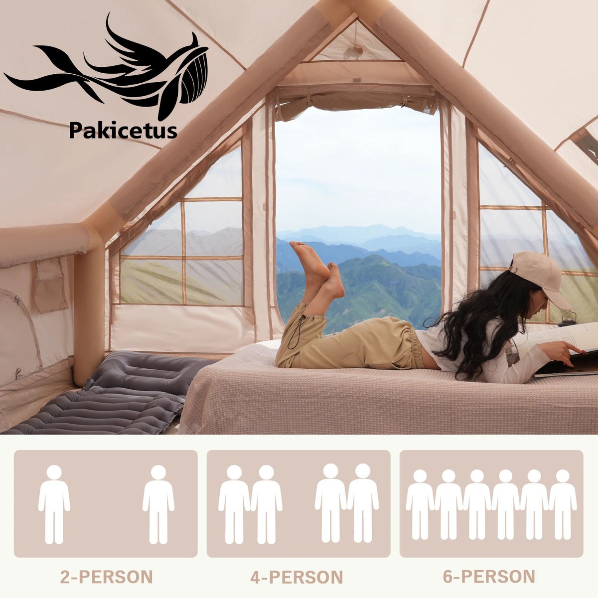 PAKICETUS Luxury Inflatable Glamping Tent 4 Season Anti-Snow Spacious Air Tent with Manual Hand Pump, Easy Setup Polyester Fiber Shelter for Outdoor Camping & Backyard Activities