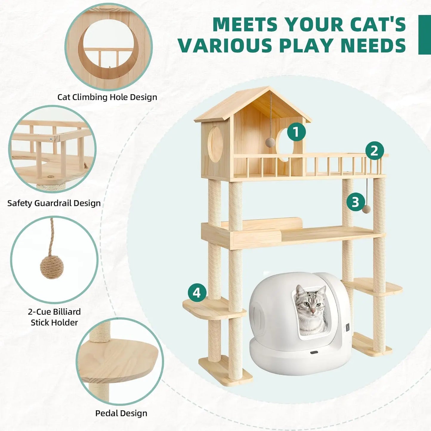 Tall Solid Wood Cat Tree with Litter Box Enclosure, Multi-Level Cat Furniture with Scratching Post and House