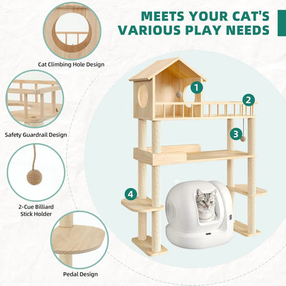 Tall Solid Wood Cat Tree with Litter Box Enclosure, Multi-Level Cat Furniture with Scratching Post and House