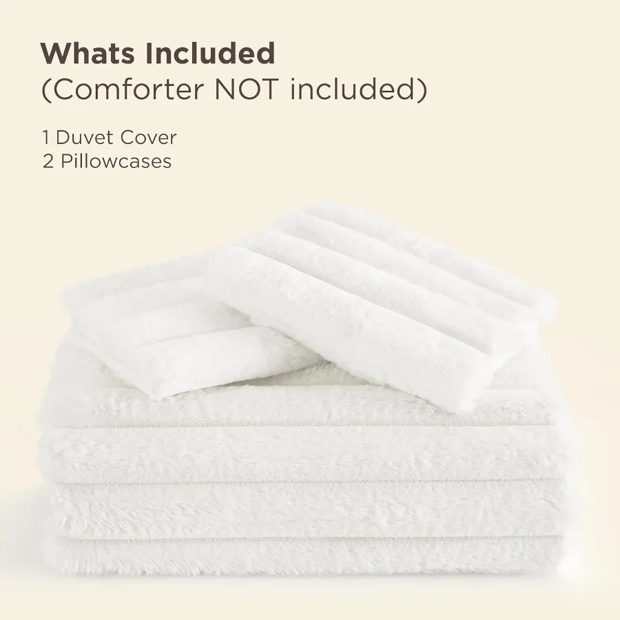 Queen Size Faux Fur Duvet Cover Set - White Soft Cozy Shaggy Winter Warm Luxury Fuzzy Bedding Comforter Cover with 2 Pillowcase