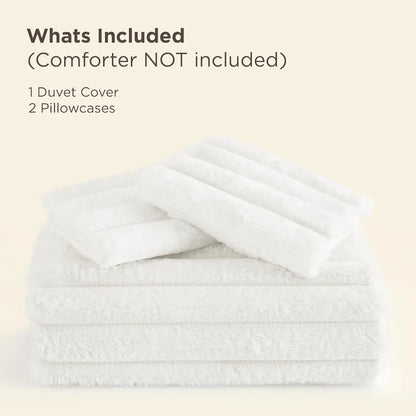 Queen Size Faux Fur Duvet Cover Set - White Soft Cozy Shaggy Winter Warm Luxury Fuzzy Bedding Comforter Cover with 2 Pillowcase