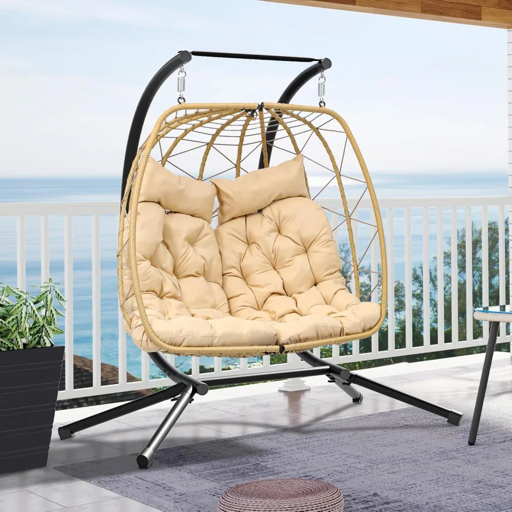Patio Love Seat Double Egg Chair with Stand, 2 Person Couple Wicker Rattan Chair Outdoor Egg Chair with Cushion 500 Lbs, Beige