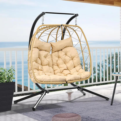 Patio Love Seat Double Egg Chair with Stand, 2 Person Couple Wicker Rattan Chair Outdoor Egg Chair with Cushion 500 Lbs, Beige