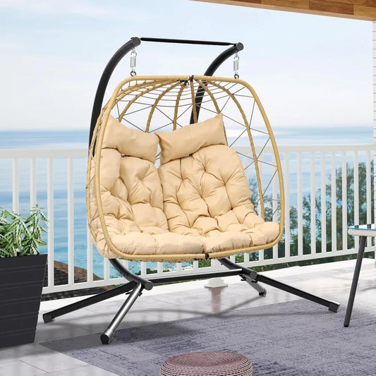 Patio Love Seat Double Egg Chair with Stand, 2 Person Couple Wicker Rattan Chair Outdoor Egg Chair with Cushion 500 Lbs, Beige