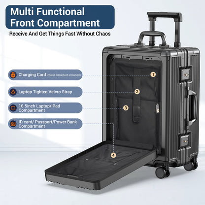 Airline Approved 22 inch Carry On Luggage,Aluminum Framed Carry On Suitcase with Front Open Laptop Compartment/Pocket